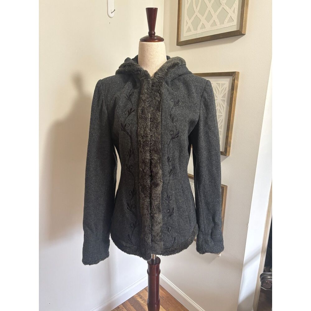 VTG Esprit Wool Coat Faux‎ Fur Trim Hooded Jacket Embroidered Dark Cottage Small - Picture 2 of 9